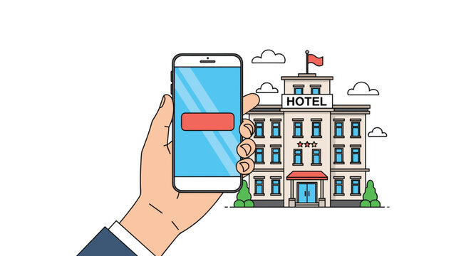 Person holds a smartphone displaying a red booking button for reserving a stay at a multi-story hotel building with a flag on the rooftop.