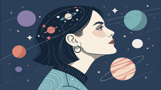 Woman with planets and stars in her mind dreaming of space