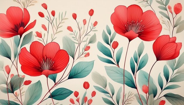 minimalist floral pattern background doodle watercolor style simple botanical with red flowers