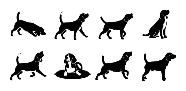 Dog Silhouette Collection: Beagle Poses, Vector Graphics for Pet Lovers, Canine Activity Icons
