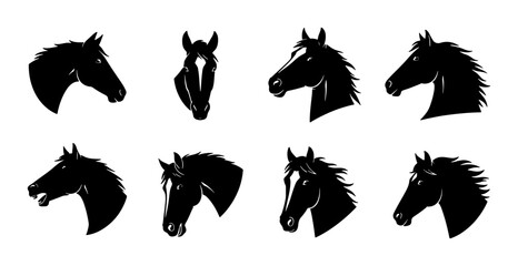 Set of 8 Horse Head Silhouettes, Vector Graphics Collection of Equine Profiles, Black and White Animal Icons for Equestrian Themes © Saifa