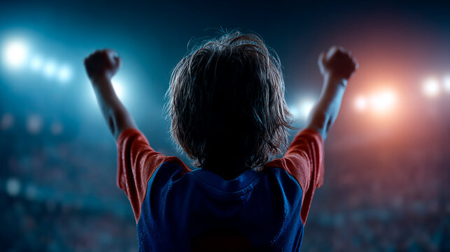 Cinematic wide shot of a young French soccer player celebrating a goal in a brightly lit stadium