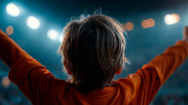Cinematic wide shot of a young French soccer player celebrating a goal in a brightly lit stadium