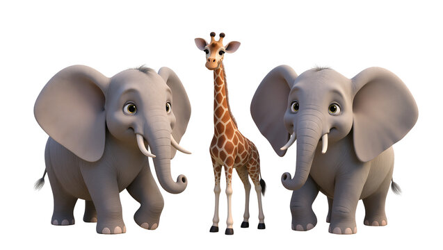 Two cute cartoon elephants flanking a giraffe
