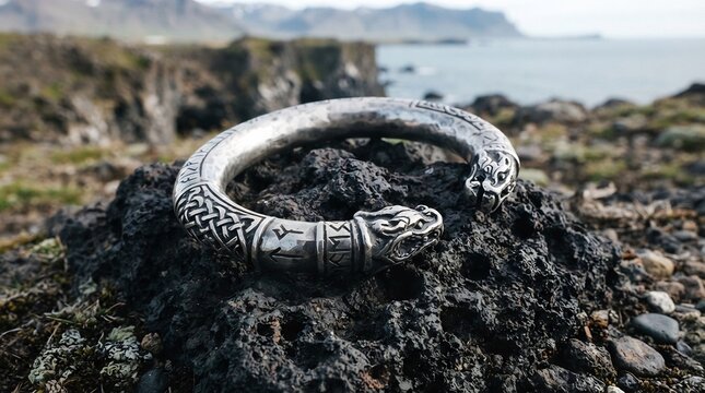 Ornate viking torque bracelet resting on volcanic rock by the coast