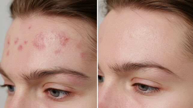 A close-up of a man's forehead displays acne breakouts before and clear skin after a successful dermatological treatment.