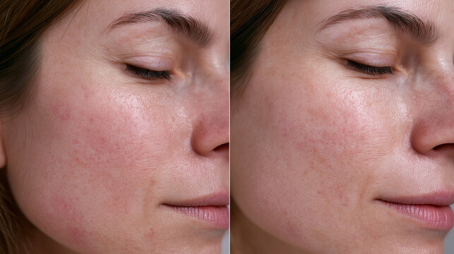 A split image comparing a woman's closed eye and cheek area before and after a facial treatment, demonstrating the reduction of pores and skin discoloration.