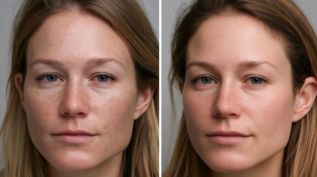 A split-screen portrait of a woman shows a before and after transformation, revealing clearer, smoother skin with reduced visibility of blemishes and imperfections.