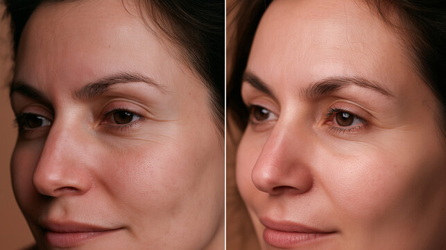 Side-by-side comparison of an adult woman's face before and after skincare treatment, showing diminished wrinkles and a more radiant complexion.