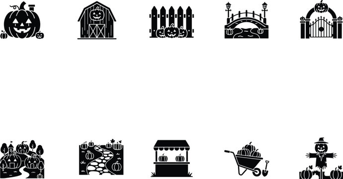 Set of black halloween icons with pumpkins scarecrow gate and farm house