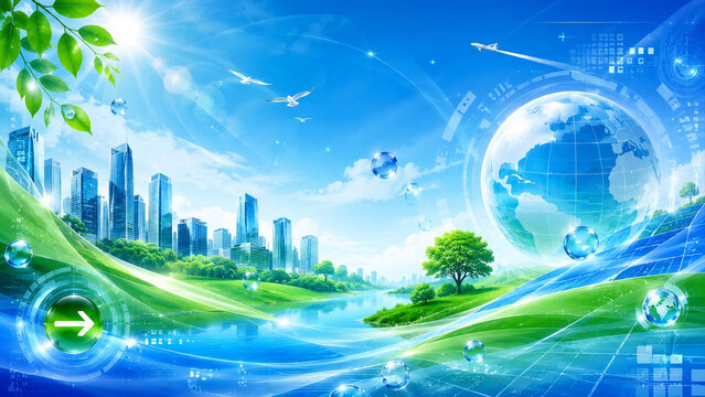 green planet earth and blue sky, Frutiger aero background landscape