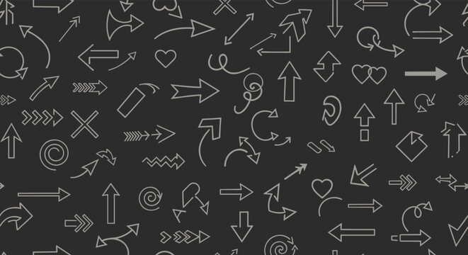 Seamless chalkboard pattern of hand drawn white arrows, hearts, and curves on dark grey background, ideal for doodles and design backdrops.