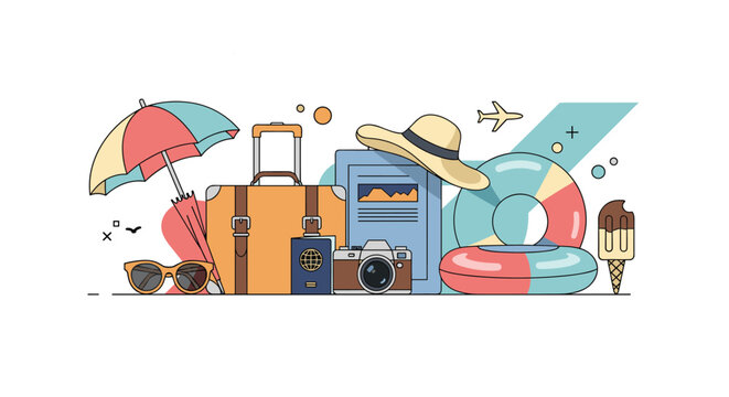 Travel and vacation concept design featuring a suitcase, beach umbrella, sunglasses, camera, passport, and inflatable ring on white background.