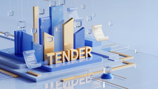 Public tender infrastructure graphic with TENDER text, documents and blue podiums for government contracts, bidding process and supplier access.