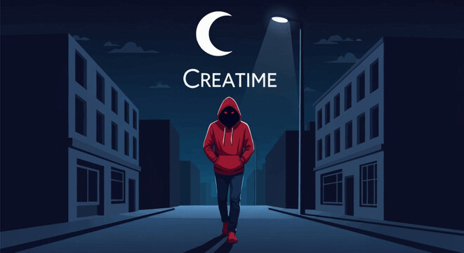 Vector illustration of mysterious man wearing red hoodie with glowing eyes walking on dark urban street at night beneath crescent moon and streetlight with city buildings backdrop.