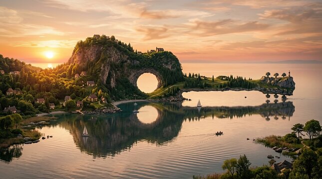 Guitar shaped island reflected in calm lake at sunset.