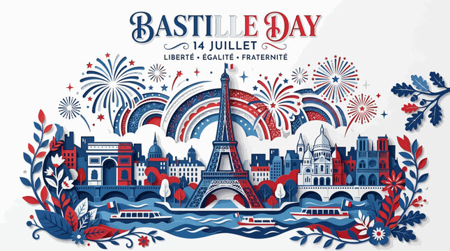 Bastille day paris landscape illustration with eiffel tower fireworks