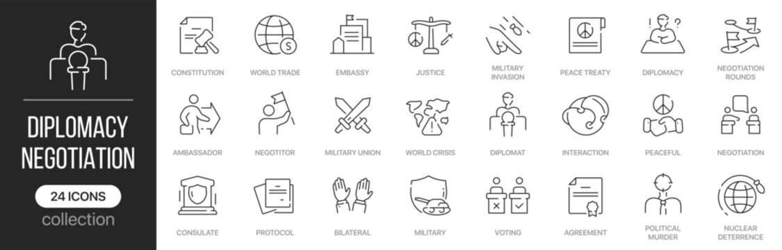 Diplomacy and negotiation linear icons covering international relations and conflict resolution concepts. Contains treaties, ambassadors, agreements, peace building, discussions