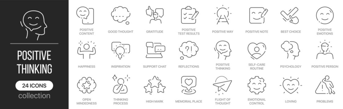 Positive thinking linear icons covering mindset development and emotional wellbeing concepts. Contains happiness, gratitude, inspiration, self care, optimism