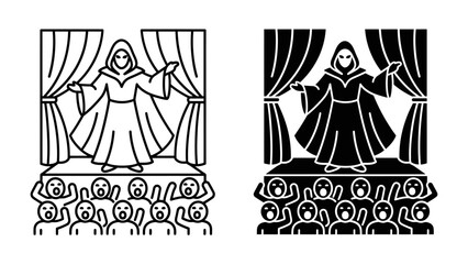 Theatrical Performance: A cloaked figure stands on a stage before a curtain, presenting to an awe-struck audience. This illustration depicts a dramatic presentation or performance. © Ajhar234