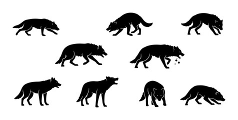 Obraz premium Black Wolf Silhouettes Collection, Canine Animal Poses, Wild Predator Vector Graphics, Hunting and Howling Wildlife Icons