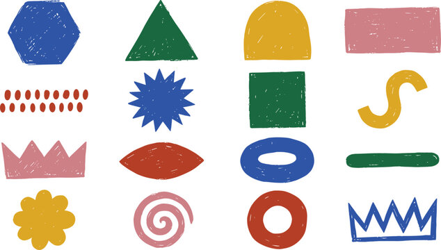 Collection of colorful hand drawn geometric shapes and doodles, including triangles, circles, stars, and squiggles on a white background