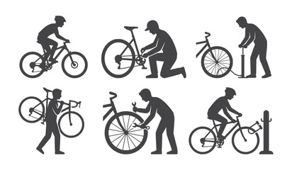 Fototapeta premium Cyclists Riding and Bicycle Mechanics Silhouettes Vector Line Art Set