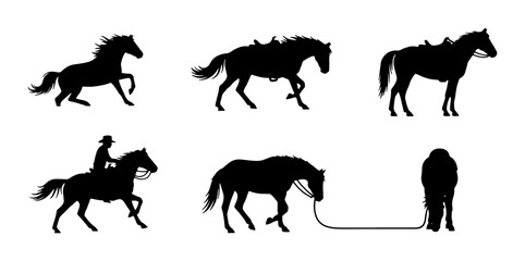 Horse Silhouette Collection, Equestrian Poses, Rancher Riding, Animal Vector Graphics, Livestock & Farm Life Icons © Raiyan