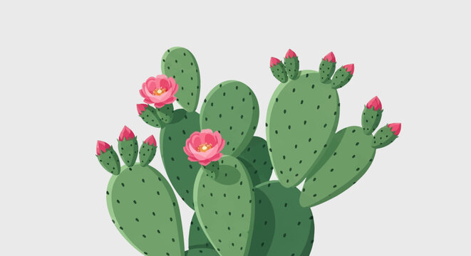 Stylized vector illustration of a green prickly pear cactus or Opuntia plant featuring blooming pink flowers, unopened pink buds, and dotted oval pads, isolated on a neutral background.