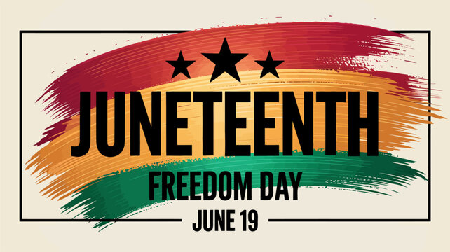Juneteenth Freedom Day June 19 text with Pan- African flag colors and stars celebration