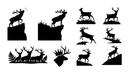 Obraz premium Deer Silhouette Vector Icons Set, Majestic Stag Wildlife Graphics, Forest Animal Illustrations, Hunting Emblem Elements, Nature Scene Silhouettes