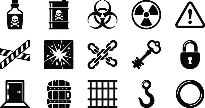 Set of black hazard warning icons and security symbols including poison skull barrel biohazard radiation sign caution tape broken glass chain key padlock door metal bars hook and circle shapes