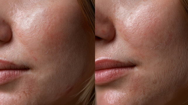 A woman's facial skin is shown before and after hair removal treatment, with the right side displaying a smoother complexion with reduced visible facial hair on the left.