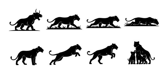 Black Silhouette Big Cats Vector Collection: Lions, Panthers, and Cubs in Dynamic Poses, Ideal for Wildlife Graphics and Branding © Riyan