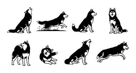 Siberian Husky Dog Vector Icons Set, Black and White Silhouette Poses, Canine Breed Illustrations for Graphic Design © Riyan