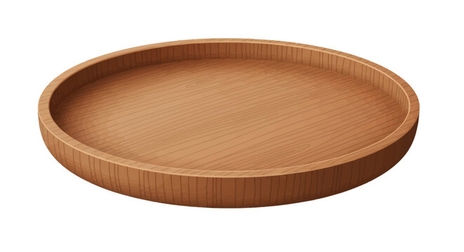 Round wooden tray with raised edge and natural grain texture isolated on white background. Empty circular platter for kitchenware or food service presentation mockup.