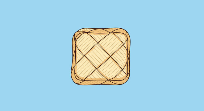 Traditional Indonesian ketupat rice cake wrapped in woven palm leaf container isolated on a blue background.