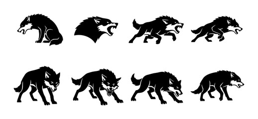 Obraz premium Aggressive Wolf Poses, Fierce Canine Silhouettes, Wild Animal Vector Pack, Dynamic Predator Illustrations, Black and White