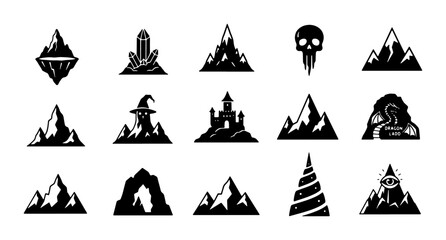 Fantasy Mountain Icons, Mystical Landscape Symbols, Enchanted Peaks & Castle Silhouettes, 15 Vector Elements for Magical Designs © Riyan