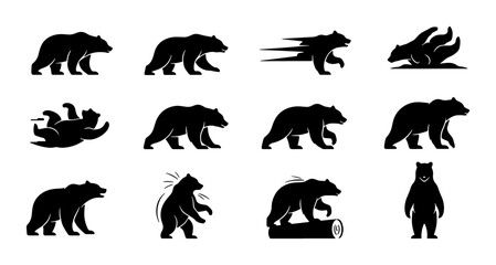 Obraz premium Bear Silhouettes Collection: Diverse Actions and Poses, Vector Icons for Wildlife and Nature Themes, Graphic Elements