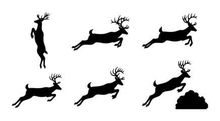 Fototapeta premium Deer Silhouette Collection: Majestic Antlered Stag Poses, Wildlife Vector Graphics, Forest Animal Motion Sequence, Hunting and Nature Icons