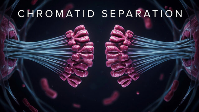 Chromatid separation during cell division process with pink chromosomes and blue microtubules in a dark field