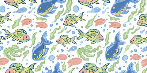 Fish pattern a colorful vector illustration with bubbles and seaweed © Mithun