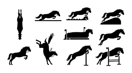 Equestrian Horse Jumping Silhouettes, Horse Riding Action Poses, Horse Sports Vector Icons, Show Jumping Competition Elements, Horse Gallop and Leap Graphics © Sukkur