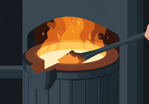 Close-up vector illustration of an industrial melting furnace with glowing molten metal and intense orange flames, showing a metal rod stirring liquid material inside a dark crucible.