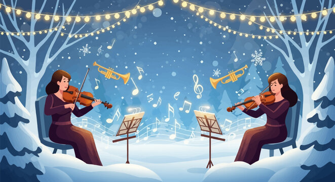 Vector illustration of two female musicians playing violins in a snowy forest winter landscape with music notes, trumpets, sheet music stands, and glowing festive lights under a night sky.
