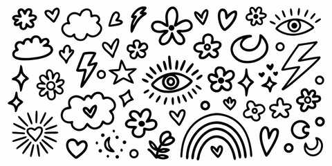Floral celestial and weather doodle icons in black line art style © Mithun