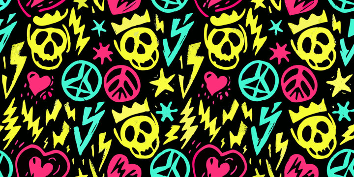 Punk rock pattern with skulls peace signs and lightning bolts on black