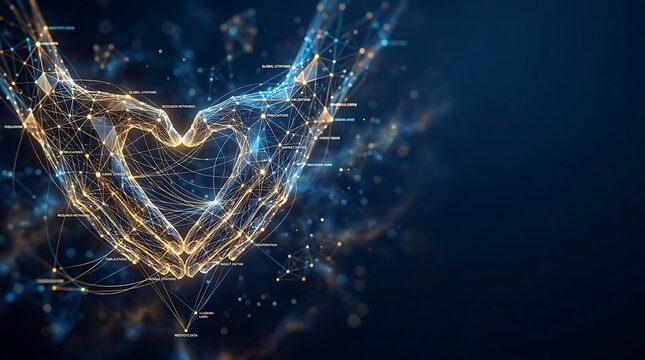 Futuristic AI Data Network Heart Hands for Global Connection