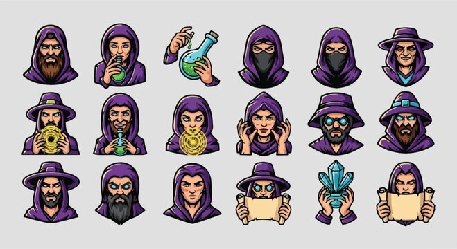 Set of diverse wizard and mage character avatars in hooded robes.